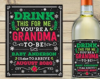 Drink This For Me You're A Grandma to Be Wine Label Christmas Pregnancy Announcement Promoted to Grandma Gift Printable Pregnancy Reveal