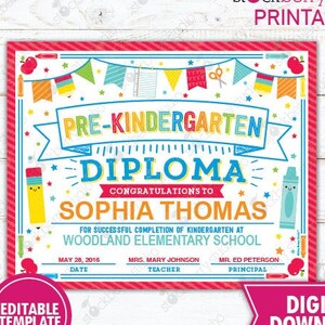 Diploma de prekínder Certificado de graduación imprimible Último día de prekínder Certificado Graduado Descarga instantánea Último día de clases