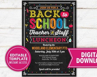 May include: A digital printable invitation for a Back to School Teacher Staff Luncheon. The invitation features colorful text on a black background, with a pink circle and a pink banner that says "Digital Download".