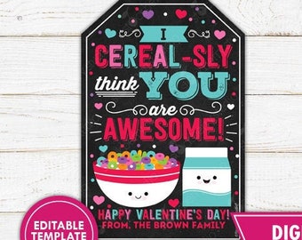 Cereal Valentine's Day Gift Tags Printable I Cereal-sly Think You're Awesome Tag Staff Valentine Teacher Classroom Gifts Instant Download