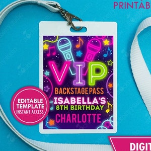 Pop Star Birthday VIP Backstage Pass Printable Girls Rainbow Neon Glow Music Party Guests Badge Lanyards Instant Download Editable Template