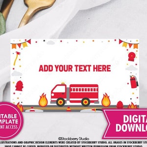 Firetruck Birthday Party Food Tent Card Printable Firefighter Birthday Fireman Buffet Label Theme Fire Truck Place Card Download Editable