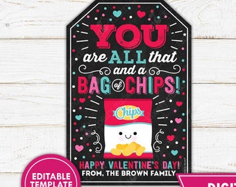Valentine Chips Tag You Are All That and a Bag of Chips Printable Valentines Staff Teacher Appreciation Gift Kids Classroom Instant Download