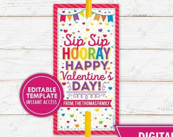 Valentine Sip Sip Hooray Crazy Silly Straw Card Printable Valentine's Day Preschool Kids Classroom Non-Candy Valentines Editable Template