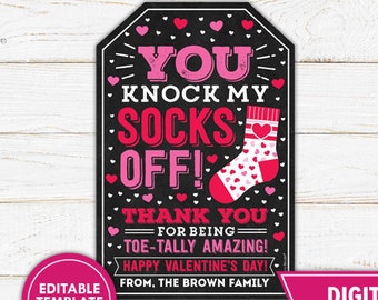 Valentine Socks Gift Tag You Knock My Socks Off Teacher Valentines Printable Valentine's Day Appreciation Classroom Gifts Instant Download