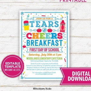 Tears and Cheers Back to School Breakfast Flyer PTO PTA School Fundraiser Back to School Invitation Template Printable Download Editable