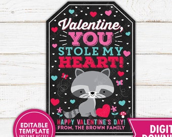 Raccoon Valentine's Day Gift Tag Printable Valentine Favor Tags Valentine Treat Tags Editable Valentine Kids Classroom Instant Download