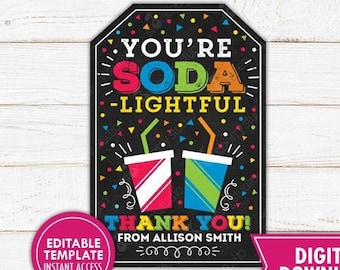 Soda Thank You Tags Printable Soda lighted Teacher Appreciation Staff Volunteer Coworker Soda Tag Thank You Label Editable Instant Download
