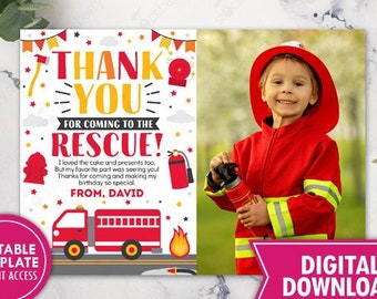 Firetruck Birthday Party Photo Thank You Card Printable Fire truck Thank You Note Card Printed Firefighter Fireman Digital Editable Template