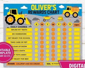 Construction Truck Reward Chart Editable Boy Chore Chart Daily Responsibility Printable Kids Behavior Chart Boys Reward Chart Printable