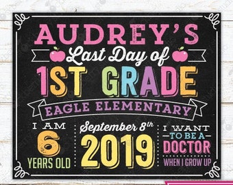 Last Day of 1st Grade Sign Printable - Girl Last Day of 1st Grade Sign - Last Day of School Chalkboard - Personalized Sign