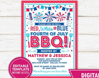 4th of July BBQ Invitation Red White Blue Fourth of July Barbeque Invitation Independence Day Party Invite Printable Template Editable