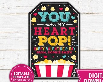 Valentine Popcorn Tag You Make My Heart Pop Popcorn Valentine's Day Tags Printable Kids Valentines Teacher Class Gift Instant Download