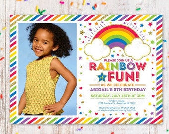 Rainbow Birthday Invitation Printable Girls Rainbow Party Rainbow Invite Clouds Rainbow of Fun Gold Digital Instant Download Editable