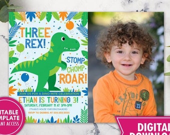 Dinosaur Birthday Photo Invitation Printable Trex Dino Three Rex Invite Printed T Rex 3 Dinosaur Birthday Party Invite Digital Download