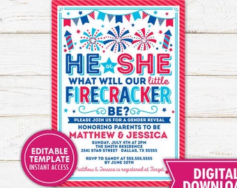 4th of July Gender Reveal Invitation Firecracker He or She Baby Gender Reveal Fourth of July Baby Shower Invite Printable Template Editable