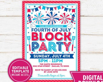 4th of July Block Party Invitation Fourth of July Neighborhood BBQ Picnic Summer Barbeque Invitation Invite Printable Template Editable
