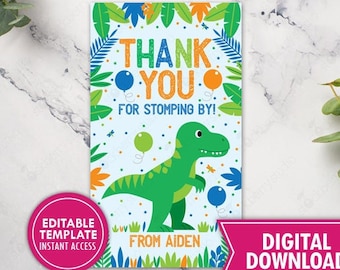 Dinosaur Birthday Favor Tag Printable Thank You for Stomping by Three Rex Boy Dino Party Gift Tags T Rex Thank You Label Editable Template