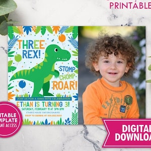 Dinosaur Birthday Photo Invitation Printable Trex Dino Three Rex Invite Printed T Rex 3 Dinosaur Birthday Party Invite Digital Download