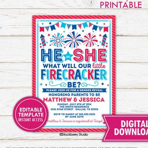 4th of July Gender Reveal Invitation Firecracker He or She Baby Gender Reveal Fourth of July Baby Shower Invite Printable Template Editable