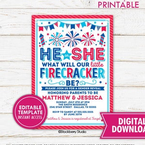 4th of July Gender Reveal Invitation Firecracker He or She Baby Gender Reveal Fourth of July Baby Shower Invite Printable Template Editable image 1