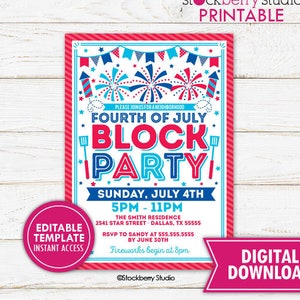 4 juillet Block Party Invitation Quatrième de juillet Quartier BBQ Pique-nique Été Barbecue Invitation Invitation Imprimable Modèle Modifiable