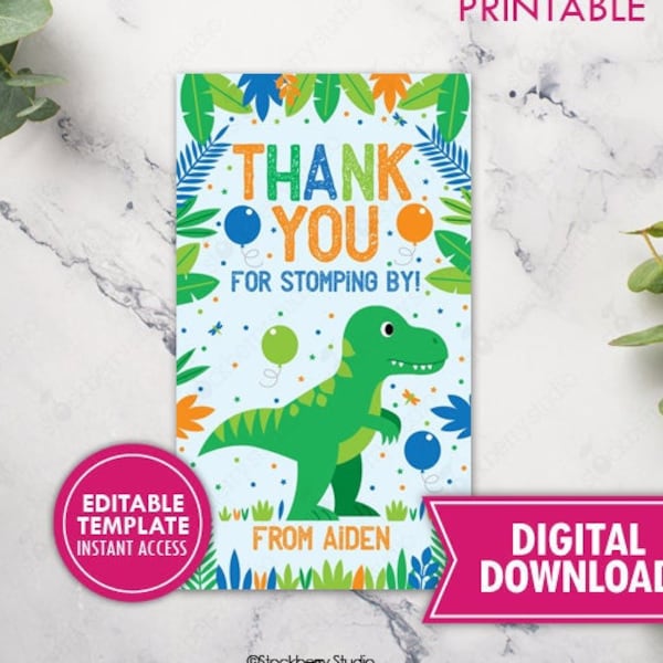 Dinosaur Birthday Favor Tag Printable Thank You for Stomping by Three Rex Boy Dino Party Gift Tags T Rex Thank You Label Editable Template