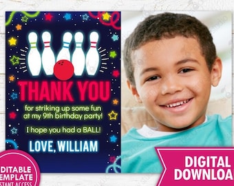 Boy Bowling Thank You Card Photo Printed Rainbow Neon Glow Boys Bowling Birthday Printable Editable Template Digital Instant Download