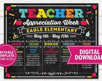 Teacher Appreciation Week Itinerary Printable Schedule Events Poster PTO PTA School Fundraiser Editable Template Digital Download