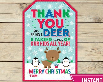 Christmas Teacher Gift Tag Printable Preschool Deer Teacher Holiday Label School Nanny Daycare Christmas Babysitter Digital Download