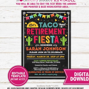 Convite de aposentadoria Fiesta para impressão Festa de aposentadoria Fiesta Aposentadoria mexicana Fiesta Nacho Convite médio para aposentadoria Download instantâneo