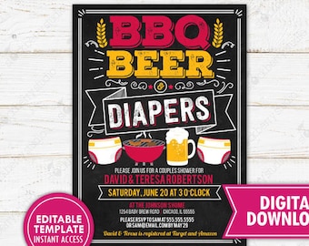 BBQ and Beer Baby Shower Invitation Barbeque Diaper Party Invite Printable Baby Q Man Dad Couples Shower Baby Sprinkle Template Editable