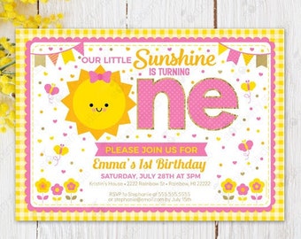 Little Sunshine First Birthday Invitation Printable Editable Girl Sunshine Party Pastel Pink Gold Sunshine Birthday Invite Digital Download