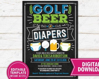 Golf and Beer Baby Shower Invitation Printable Man Shower Dad Diaper Party Invite Couples Shower Baby Sprinkle Editable Template Download