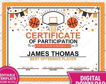 Basketball Award Certificate Printable End of Season Team Awards Sportsmanship Awards Sports Certificates Instant Download Editable