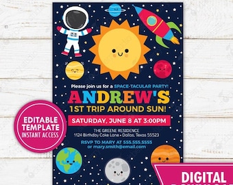 Trip Around the Sun Birthday Invitation Printable Space 1st Birthday Invite Planets Astronaut Rocket Ship Boy Editable Template Digital