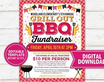 BBQ Fundraiser Flyer Barbeque Cookout Event Invitation Company Grill Out Picnic Invite School PTA PTO Printable Template Editable