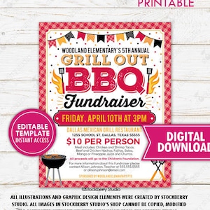 BBQ Fundraiser Flyer Barbeque Cookout Event Invitation Company Grill Out Picnic Invite School PTA PTO Printable Template Editable