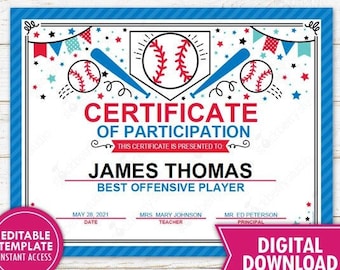 Baseball Award Certificate Printable End of Season Team Awards T-Ball Sportsmanship Awards Sports Certificates Instant Download Editable