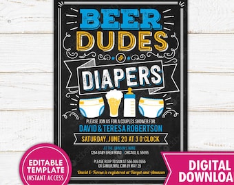 Man Shower Invitation Printable Beer Dudes Diapers Invitation Editable Beer Diaper Shower Dad Diaper Party Beer Baby Shower Invitation