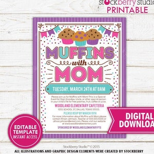 Muffins mit Mama Einladung PTA Schulflyer Muttertag Brunch PTO Spendenaktion Lunch Mom Appreciation Breakfast Druckbare Instant Editierbar