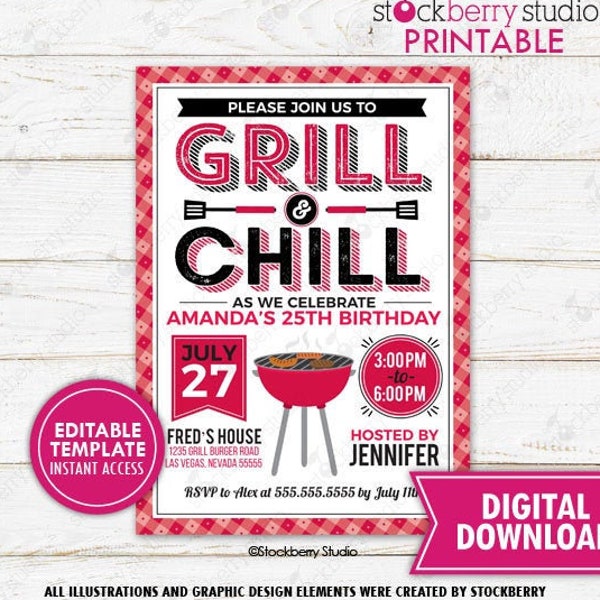 BBQ Invitation Grill and Chill Barbeque Birthday Invite Barbeque Invitation Printable Summer Adult Picnic Backyard Cookout Template Editable