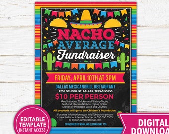 Nacho Average Fundraiser Flyer Taco Fiesta Beneficio de Caridad Escuela de la Iglesia PTO PTA Evento Comunitario Imprimible Descarga Instantánea Editable