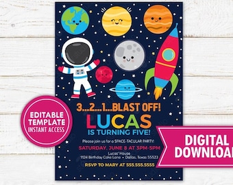 Space Birthday Invitation Printable Outer Space Astronaut Rocket Ship Galaxy Blast Off Invite Boy Editable Template Digital Download