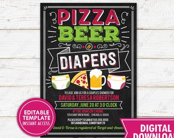 Pizza and Beer Baby Shower Invitation Italian Couples Shower Man Diaper Party Invite Printable Baby Sprinkle Editable Template Download