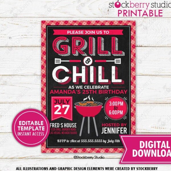 Grill and Chill BBQ Invitation Summer Barbeque Invitation Adult Birthday Party Picnic Backyard Cookout Invite Printable Editable Template