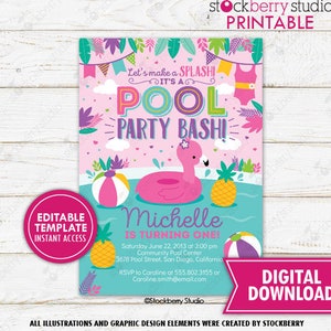 May include: A pink and blue printable invitation for a pool party. The invitation features a pink flamingo pool float, a beach ball, and a pineapple. The text on the invitation reads "Let's make a splash! It's a pool party bash!" and "Michelle is turning one!"