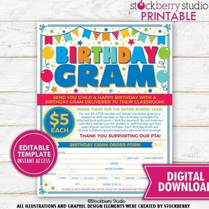 Birthday Gram Order Form Flyer Printable Balloon School Fundraiser PTO PTA Community Church Event Editable Template Digital Download