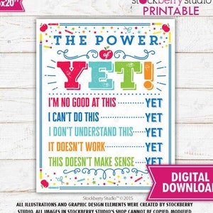 The Power of Yet Poster Motivational Classroom Sign Growth Mindset Poster Classroom Prints Classroom Wall Art Positive Classroom Poster