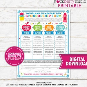 PTO PTA Sponsorship Form School Finance Fundraiser Event Donation Sign up Membership Handout Printable Template Editable Digital Download